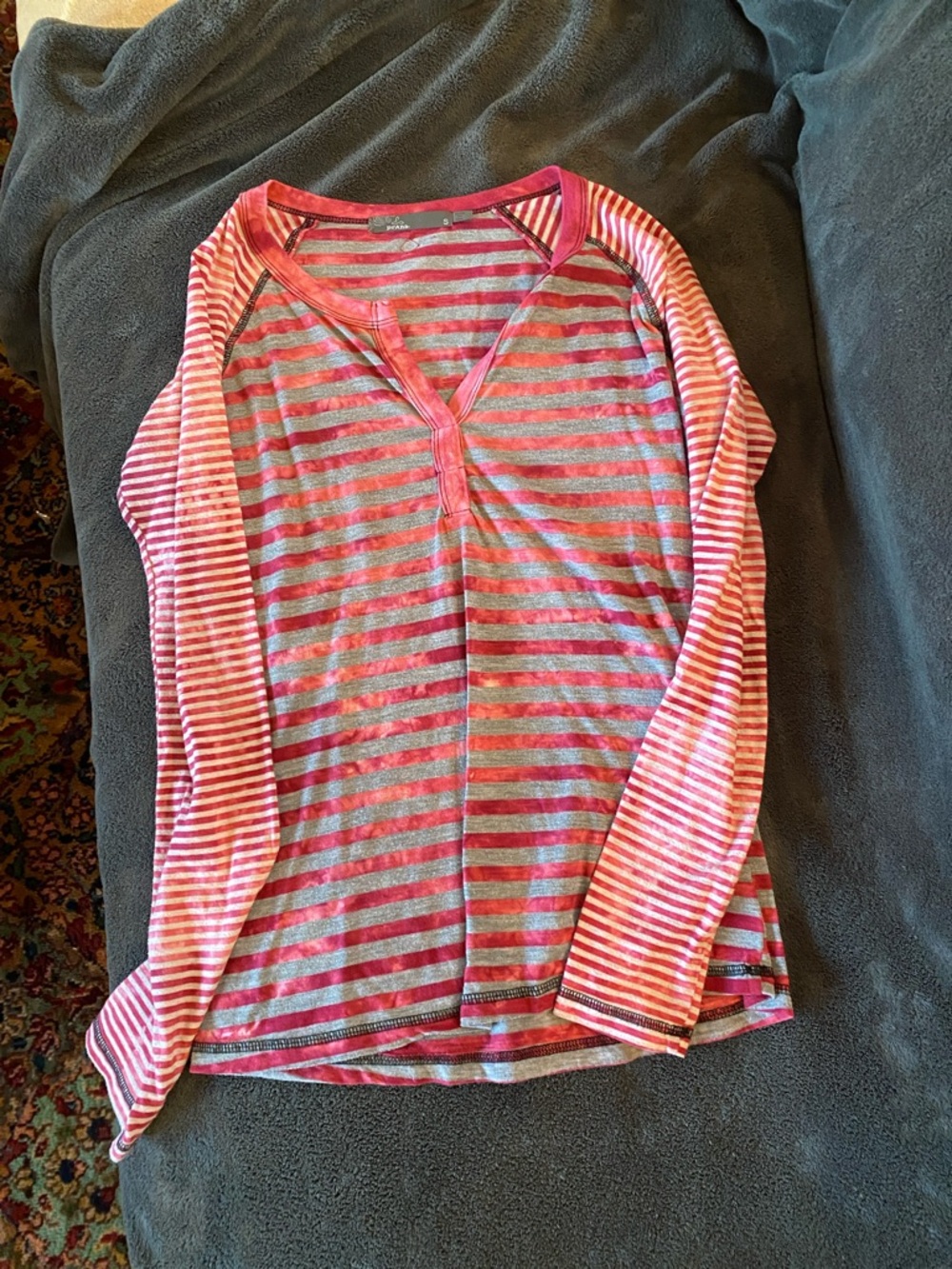 Prana Striped V-Neck Long Sleeve Top - Pink & Gray